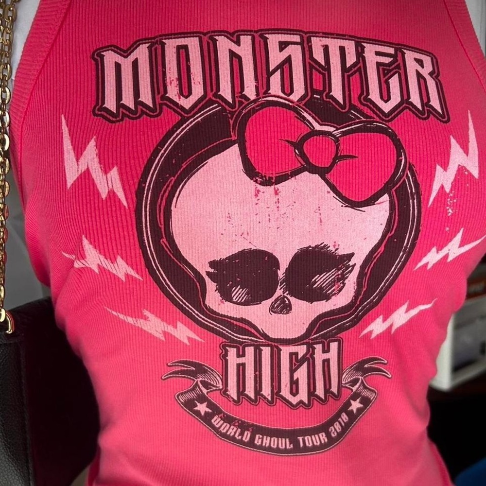 Monster High Skull Bow Graphic Baby Tank Top Pink Mall Goth Y2K Scene Small - Picture 4 of 6